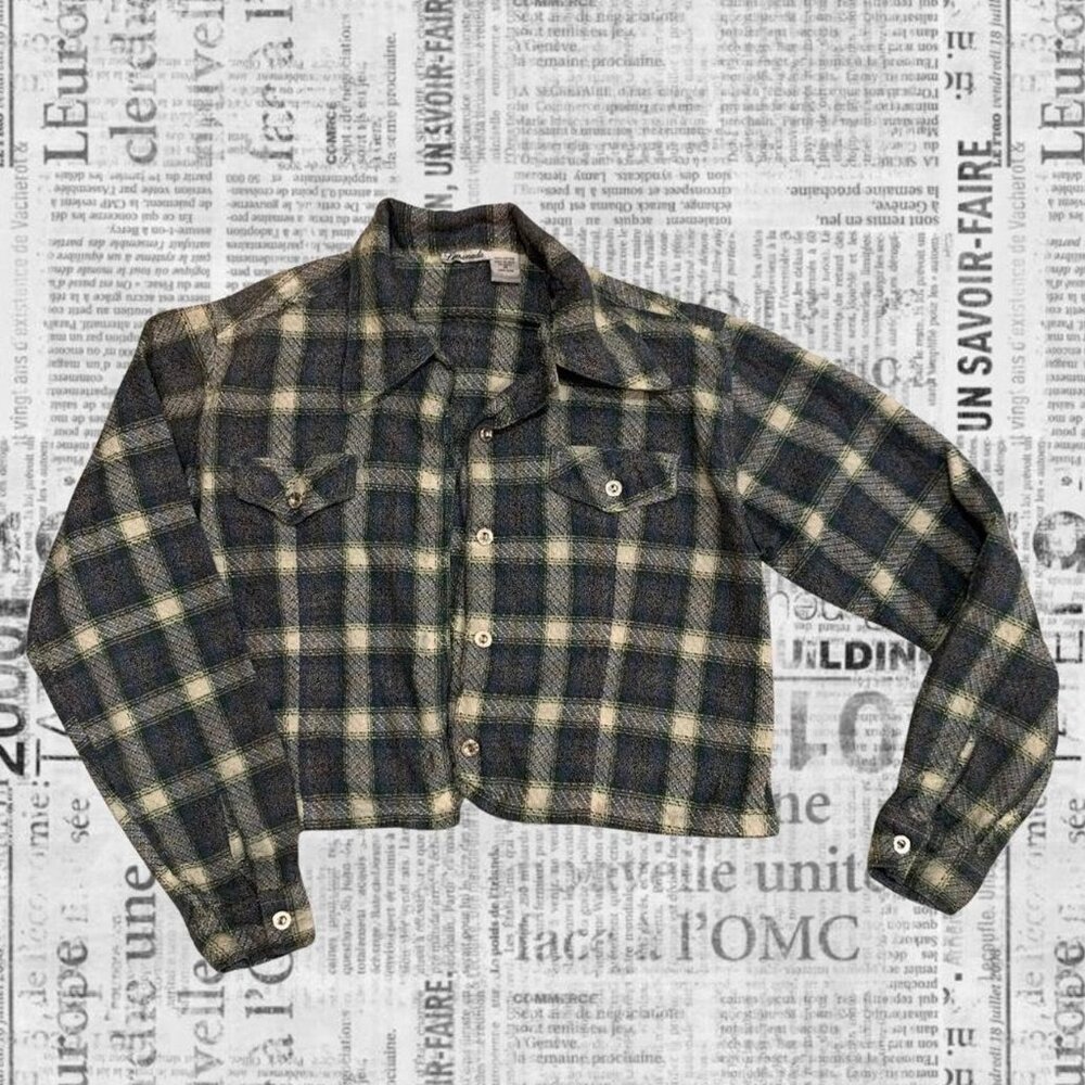 Vintage blue and green plaid cropped button-up shirt